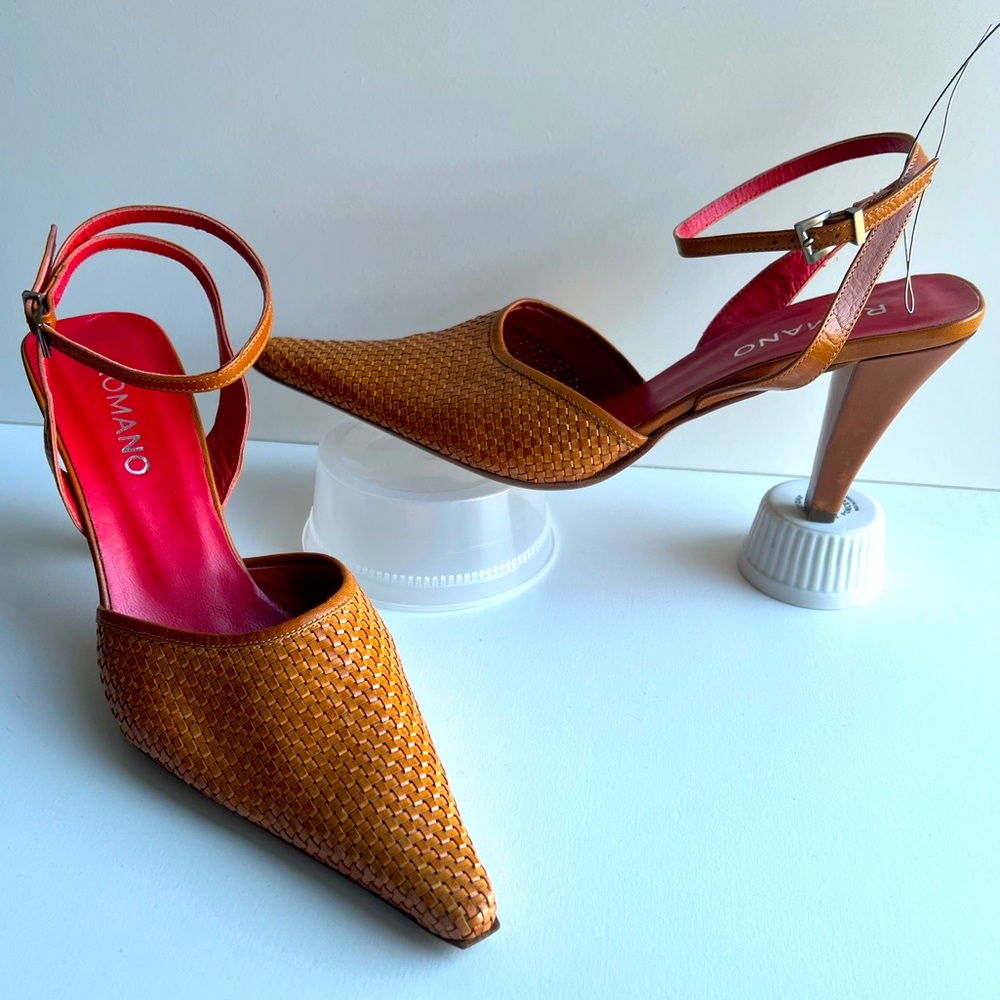 ROMANO | Vintage Woven Leather Ankle Strap Heels in Cognac | 3.5” Heel